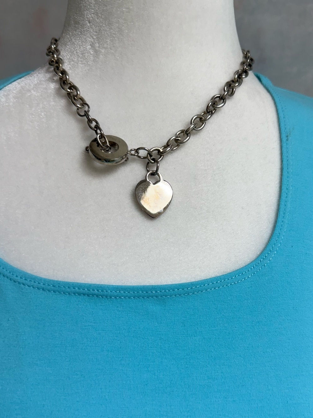 17” Silver Heart Choker Chain, Bulky, Nice Heft.
